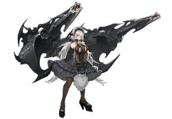 Rule 34 | beast, black legwear, breasts, cannon, demon wings, dress, frilled dress, frills, hair ornament, high heels, highres, large breasts, long hair, maid, panzer waltz, pleated skirt, red eyes, silver hair, skirt, solo, twintails, very long hair, wings