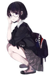 Rule 34 | 1girl, absurdres, arm support, backpack, bag, bird, black hair, black jacket, brown footwear, brown hair, brown skirt, cheek squash, collared shirt, commentary request, ear piercing, full body, glasses, highres, jacket, looking at viewer, looking to the side, ogami ren, original, parted lips, penguin, piercing, purple eyes, shirt, shoes, short sleeves, simple background, skirt, solo, squatting, themed object, white background, white shirt