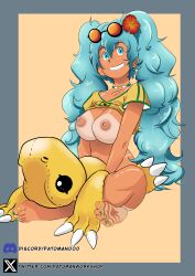 1girl absurdres agumon blue_eyes blue_hair brazilian_miku breasts breasts_out digimon hatsune_miku highres smile vocaloid