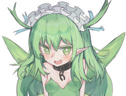 Rule 34 | 1girl, bright pupils, chain, collar, fairy, fairy wings, female focus, green eyes, green hair, green leotard, green wings, highres, leaf (black souls), leotard, maid headdress, matching hair/eyes, pointy ears, smile, solo, white background, white pupils, wings