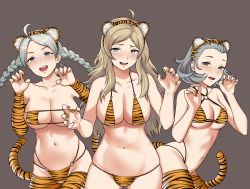 Rule 34 | 3girls, absurdres, ahoge, animal ears, animal print, asymmetrical bangs, bbk (13zk), bikini, blonde hair, blue eyes, braid, breasts, chinese zodiac, commission, commissioner upload, eyepatch bikini, fire emblem, fire emblem fates, grey eyes, grey hair, highres, large breasts, long hair, multi-strapped bikini, multiple girls, navel, nina (fire emblem), nintendo, o-ring, open mouth, ophelia (fire emblem), sophie (fire emblem), swimsuit, tail, thighhighs, tiger ears, tiger print, tiger stripes, tiger tail, twin braids, white hair, year of the tiger