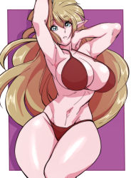 Rule 34 | 1girl, absurdres, armpits, arms up, big hair, bikini, blue eyes, border, breasts, cleavage, curvy, highres, huge breasts, light brown hair, lips, looking at viewer, navel, nintendo, nisego, outside border, pointy ears, princess zelda, purple background, red bikini, shiny skin, sideboob, strap gap, swimsuit, the legend of zelda, thick thighs, thighs, white border