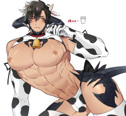 Rule 34 | 1boy, abs, alternate costume, animal print, au ra, bara, bare pectorals, bare shoulders, beard, bell, blush, brown hair, bulge, bursting pectorals, chest harness, chinese zodiac, collar, cow horns, cow print, demon boy, demon horns, demon tail, detached sleeves, dragon boy, dragon horns, dragon tail, facial hair, final fantasy, final fantasy xiv, harness, highres, horns, large pectorals, male focus, male lactation, milk, muscular, muscular male, navel, neck bell, nipples, panties, pectorals, print panties, red eyes, scales, seum (kao husband), short hair, solo, stomach, sweatdrop, tail, thick thighs, thighs, underwear, warrior of light (ff14), year of the ox