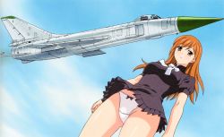 Rule 34 | 1girl, absurdres, aircraft, airplane, airplane wing, artbook, black bow, black dress, blue sky, blush, bow, bow panties, brown eyes, brown hair, closed mouth, cloud, cloudy sky, crotch seam, day, dress, highres, long hair, neck ribbon, original, panties, puffy short sleeves, puffy sleeves, ribbon, short sleeves, sky, solo, standing, su-15, thighs, underwear, vehicle focus, white panties, white ribbon, wind, wind lift, yamauchi noriyasu