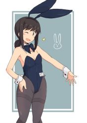Rule 34 | 1girl, animal ears, badge, black eyes, black hair, black pantyhose, blue background, blue bow, blue bowtie, blue leotard, border, bow, bowtie, breasts, cleavage, cowboy shot, detached collar, fake animal ears, fubuki (kancolle), hand on own hip, kantai collection, kugui kiyunemu, leotard, looking at viewer, low ponytail, one eye closed, pantyhose, playboy bunny, ponytail, rabbit ears, rabbit tail, short ponytail, sidelocks, small breasts, solo, standing, strapless, strapless leotard, tail, thighband pantyhose, two-tone background, white border, wrist cuffs