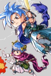 Rule 34 | 1boy, 1girl, :&lt;, alternate hair color, blue eyes, blue hair, bob cut, brother and sister, cape, dragon quest, dragon quest v, electricity, fire, grey background, hair ribbon, hero&#039;s daughter (dq5), hero&#039;s son (dq5), hungry clicker, magic, ribbon, short hair, siblings, simple background, spiked hair, square enix, sword, twins, weapon, yellow ribbon