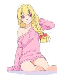 Rule 34 | 1girl, aikatsu!, aikatsu! (series), akinbo (hyouka fuyou), blonde hair, bow, braid, braided ponytail, collarbone, hair bow, hair over shoulder, hand in own hair, hoshimiya ichigo, long hair, naked sweater, off shoulder, pink sweater, red bow, red eyes, simple background, single braid, sitting, sleeves past wrists, smile, solo, sweater, white background