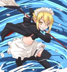 Rule 34 | &gt;:d, 1girl, :d, artoria pendragon (alter swimsuit rider) (fate), artoria pendragon (alter swimsuit rider) (fate) (cosplay), artoria pendragon (alter swimsuit rider) (second ascension) (fate), artoria pendragon (fate), bikini, black footwear, black jacket, black legwear, blonde hair, blush, braid, broom, commentary request, cosplay, fate/grand order, fate (series), garter belt, grin, hair between eyes, hair bun, holding, holding broom, jacket, jumping, kantai collection, looking at viewer, maid, maid bikini, maid headdress, open clothes, open jacket, open mouth, sailor collar, satsuki (kancolle), shoes, short hair, single hair bun, skirt, smile, solo, soubi, swimsuit, unconventional maid, v-shaped eyebrows, white skirt, yellow eyes