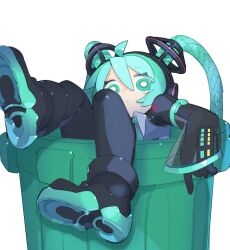 Rule 34 | 1girl, absurdres, ahoge, aqua eyes, aqua hair, bright pupils, cable hair, cheri zao, detached sleeves, grey shirt, hatsune miku, highres, long hair, necktie, number tattoo, ringed eyes, robot girl, see-through, see-through sleeves, shirt, shoe soles, simple background, sleeveless, sleeveless shirt, solo, tattoo, trash can, vocaloid, white background