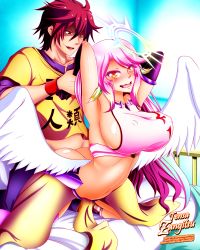 Rule 34 | 10s, 1boy, 1girl, angel, arched back, arm grab, ass, black hair, blush, breasts, butt crack, clothed sex, crop top, doggystyle, elbow gloves, covered erect nipples, gloves, halo, hetero, highres, implied sex, jibril (no game no life), large breasts, long hair, midriff, multicolored hair, navel, no game no life, on bed, open mouth, pink hair, pussy juice, red eyes, restrained, sex, sex from behind, shirt, sideboob, sora (no game no life), taut clothes, taut shirt, tensa-zangitsu, thighs, two-tone hair, waifu2x, wings, yellow eyes
