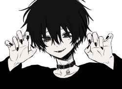 Rule 34 | 1boy, bags under eyes, bell, black collar, black eyes, black nails, claw pose, collar, fingernails, hair between eyes, highres, imai akira, looking at viewer, male focus, messy hair, neck bell, original, parted lips, sharp fingernails, sharp teeth, simple background, solo, teeth, upper body, white background
