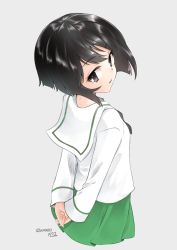 Rule 34 | 1girl, arms behind back, artist name, black eyes, black hair, black neckerchief, blouse, cowboy shot, cropped legs, from behind, girls und panzer, green skirt, grey background, highres, light frown, long sleeves, looking at viewer, looking back, miniskirt, neckerchief, ooarai school uniform, parted lips, pleated skirt, school uniform, serafuku, shirt, short hair, signature, simple background, skirt, solo, standing, twitter username, umxzo, utsugi yuuki, white shirt