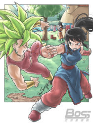 Rule 34 | 1boy, 2girls, battle, black eyes, black hair, blood, border, bosstseng, breasts, chi-chi (dragon ball), chinese clothes, clenched teeth, closed eyes, clothesline, creatures (company), crop top, dougi, dragon ball, dragon ball (classic), dragon ball super, earrings, fighting, full body, game freak, gen 1 pokemon, grass, highres, house, husband and wife, jewelry, kefla (dragon ball), lips, looking at another, looking back, medium breasts, midriff, multiple girls, nintendo, outdoors, outside border, pikachu, pokemon, pokemon (creature), ponytail, potara earrings, punching, river, sidelocks, signature, son goku, super saiyan, teeth, time paradox, toned, tree, violence, watermark, white border, wristband