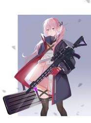 Rule 34 | 1girl, absurdres, ar-15, assault rifle, black thighhighs, blush, collar, dress, girls&#039; frontline, gloves, grey background, grey eyes, grey ribbon, gun, hair between eyes, hair ornament, hair ribbon, highres, holding, holding gun, holding suitcase, holding weapon, jacket, long hair, looking at viewer, minthusky, one side up, parted lips, pink hair, pink skirt, red gloves, ribbon, rifle, scope, side ponytail, sidelocks, simple background, skirt, solo, st ar-15 (girls&#039; frontline), standing, suitcase, thigh strap, thighhighs, upper body, weapon
