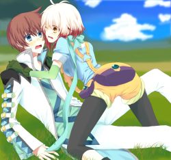 Rule 34 | 1boy, 1girl, asbel lhant, blue eyes, blush, breasts, brown eyes, coat, elbow gloves, gloves, highres, multicolored hair, one eye closed, open mouth, pants, pascal (tales), red hair, scarf, shoes, short hair, short shorts, shorts, tales of (series), tales of graces