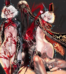 Rule 34 | 2boys, aftersex, anal, androgynous, anus, ass, blood, blood splatter, cum, cum in ass, death, decapitation, elbow gloves, ero guro, eyebrows, feet, finger in own mouth, fingernails, gloves, guro, hat, highres, jeffr, large penis, long fingernails, male focus, male penetrated, multiple boys, murder, nail polish, navel piercing, nipple piercing, nipple rings, nude, original, penis, penis piercing, piercing, red eyes, severed head, short hair, sweat, testicles, thighhighs, trap, yaoi