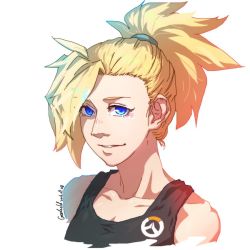 Rule 34 | 10s, 1girl, 2016, artist name, bare shoulders, black shirt, blonde hair, blue eyes, blush, collarbone, dated, emblem, hair ornament, hair tie, high ponytail, li geduld, logo, looking at viewer, mercy (overwatch), nose blush, overwatch, overwatch 1, parted lips, shirt, simple background, sleeveless, sleeveless shirt, smile, solo, upper body, white background