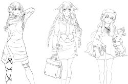 Rule 34 | 3girls, arm up, bad link, braid, briefcase, character request, choujigen game neptune, coat, cup, disposable cup, greyscale, hand in own hair, hat, headphones, highres, holding, holding briefcase, kneehighs, lineart, long hair, long sleeves, louise francoise le blanc de la valliere, monochrome, multiple girls, navel, necktie, neptune (series), o-ring, purple heart (neptunia), purplishmarble, smile, socks, standing, thigh strap, twin braids, twintails, very long hair, zero no tsukaima