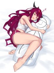 Rule 34 | 1girl, absurdres, ass, barefoot, blush, breasts, closed eyes, dakimakura (object), dasdokter, feet, full body, highres, hololive, hololive english, horns, hugging object, irys (hololive), long hair, lying, medium breasts, midriff, multicolored hair, on side, pillow, pointy ears, red hair, red shorts, short shorts, shorts, sideboob, signature, sleeping, solo, stick figure, tank top, thighs, toes, two-tone hair, very long hair, virtual youtuber, white tank top