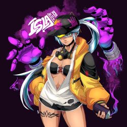 Rule 34 | 1girl, baseball cap, blue hair, breasts, choker, dark-skinned female, dark skin, disembodied hand, earrings, finger tattoo, graffiti, green eyes, hat, highres, isla (kof), jacket, jewelry, leg tattoo, light blue hair, long hair, looking at viewer, mask, mask around neck, multicolored hair, oversized clothes, paint can, ponytail, respirator, snk, solo, spray can, spray paint, spraying, tank top, tattoo, the king of fighters, the king of fighters xv, thumb ring, torn clothes, torn tank top, warfakaid