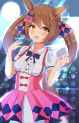 Rule 34 | 1girl, :d, animal ears, blouse, blurry, bow, brown hair, clenched hand, depth of field, dress, feet out of frame, frilled sleeves, frills, gem, hair between eyes, hair ornament, hands up, highres, horse girl, horse tail, kawaiipony2, lights, looking at viewer, open mouth, pink bow, pink dress, purple bow, shirt, smart falcon (umamusume), smile, solo, sparkle background, stage lights, tail, twintails, umamusume, white shirt, yellow eyes