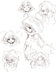 Rule 34 | 1boy, animal ears, blush, character sheet, child, cloak, closed eyes, dog boy, dog ears, expressions, faulklin, from side, half-closed eyes, hood, hooded cloak, long sleeves, male focus, monochrome, multiple views, profile, sega, shining (series), shining force exa, simple background, upper body, white background