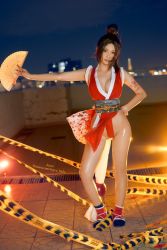 Rule 34 | 1girl, breasts, cleavage, cosplay, fatal fury, highres, joyce lin, large breasts, looking at viewer, no bra, photo (medium), shiranui mai, shiranui mai (cosplay), solo, standing, the king of fighters