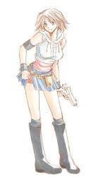Rule 34 | 1girl, alternate costume, armband, bad id, belt, belt pouch, black armband, black footwear, black socks, blue skirt, blue wristband, boots, brown hair, cropped hoodie, final fantasy, final fantasy x, full body, green eyes, gun, hand on own hip, happy, holding, holding gun, holding weapon, hood, hood down, hoodie, knee boots, kneehighs, layered shirt, looking to the side, lowres, medium hair, miniskirt, partially colored, pink shirt, pouch, rendezvous, shirt, simple background, skirt, sleeveless, sleeveless hoodie, smile, socks, standing, weapon, white background, white hoodie, yuna (ff10)