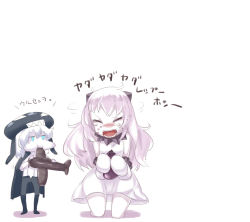 Rule 34 | 10s, 2girls, abyssal ship, aircraft, airplane, aqua eyes, colored skin, crying, dress, eating, eggplant, closed eyes, headgear, height difference, holding, horns, kantai collection, kneeling, long hair, mittens, multiple girls, northern ocean princess, open mouth, short hair, silver bell (artist), sketch, translation request, white dress, white hair, white skin, wo-class aircraft carrier