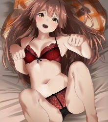 Rule 34 | 1girl, bare legs, blush, bow, bow bra, bow panties, bra, breasts, brown hair, collarbone, commission, highres, kantai collection, kuma (kancolle), lingerie, long hair, looking at viewer, lying, medium breasts, navel, open mouth, panties, pillow, pixiv commission, red bra, red panties, solo, tama (tamago), underwear, underwear only, yellow eyes