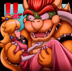 ! !! 1boy 1girl armlet blonde_hair bowser carrying collar commentary_request constricted_pupils crown dress elbow_gloves furry furry_male furry_with_non-furry gloves heart highres interspecies jewelry kusaremix long_dress mario_(series) nintendo open_mouth pink_dress princess_carry princess_peach red_hair sharp_teeth spiked_armlet spiked_collar spikes super_mario_rpg teeth turtle_boy upper_body white_gloves