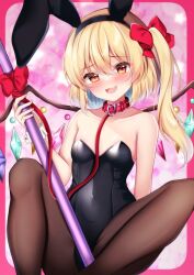 Rule 34 | 1girl, :d, alternate costume, animal ears, arm at side, bare shoulders, black leotard, black pantyhose, blonde hair, blush, border, bow, breasts, collarbone, commentary request, covered erect nipples, crystal, fake animal ears, fang, feet out of frame, flandre scarlet, hair between eyes, hair bow, hand up, heart, holding, holding polearm, holding weapon, knees up, leash, leotard, long hair, looking at viewer, naughty face, open mouth, pantyhose, pink background, pink border, playboy bunny, polearm, rabbit ears, red bow, red eyes, shirotsuki shirone, side ponytail, simple background, sitting, small breasts, smile, solo, spread legs, strapless, strapless leotard, touhou, weapon, white wrist cuffs, wings, wrist cuffs