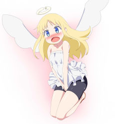 Rule 34 | 1other, angel, blonde hair, blue eyes, blush, covering privates, covering crotch, crimvael, dress, halo, highres, ishuzoku reviewers, long hair, open mouth, shorts, solo, white dress, wings, yoshida keiji