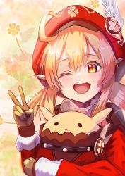 Rule 34 | 1girl, ;d, absurdres, ahoge, blonde hair, brown gloves, brown scarf, cabbie hat, carrying, clover print, coat, commentary request, genshin impact, gloves, gradient background, hair between eyes, hat, hat feather, hat ornament, highres, ikumi (1 9 3), klee (genshin impact), long hair, long sleeves, looking at viewer, low twintails, one eye closed, open mouth, orange eyes, pointy ears, red coat, red hat, scarf, sidelocks, simple background, smile, solo, stuffed animal, stuffed toy, twintails, v