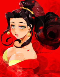 Rule 34 | 00s, 1girl, :o, bare shoulders, black hair, breasts, cleavage, dress, earrings, flower, green eyes, jewelry, large breasts, nana (nightfell), nana (pixiv897855), necklace, pearl necklace, ponytail, red dress, red theme, sakura taisen, sakura taisen ii, soletta orihime, solo