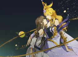 Rule 34 | 2girls, black background, blonde hair, brown hair, character request, closed mouth, detached sleeves, dress, hair ornament, highres, jewelry, light particles, long hair, looking at another, looking up, multiple girls, planet, ring, shanguang wan&#039;er (wangzhe rongyao), sitting, upper body, wangzhe rongyao, white dress, yanzhi bai