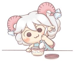 Rule 34 | 1girl, :3, black eyes, blush, chibi, closed mouth, commentary request, curly hair, earrings, haagen-dazs, hair between eyes, highres, holding, holding spoon, horn ornament, horn ribbon, horns, ice cream cup, jewelry, medium bangs, pointy ears, rass-mameki, red horns, ribbon, sheep horns, short hair, simple background, smile, solo, spoon, touhou, toutetsu yuuma, upper body, v-shaped eyebrows, white background
