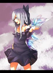 Rule 34 | 1girl, alternate color, alternate hairstyle, bad id, bad pixiv id, black cirno, black dress, blue eyes, bow, cirno, dress, hair bow, hand on own hip, ice, letterboxed, long hair, magic, nosuku, aged up, silver hair, solo, touhou, wings