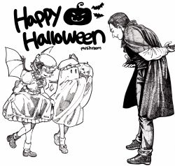 Rule 34 | 1boy, 2girls, absurdres, arm behind back, artist name, bat (animal), bat wings, bowing, cape, dracula, dress, flandre scarlet, frilled dress, frills, ghost costume, greyscale, halloween, halloween costume, happy halloween, hat, hat ribbon, highres, mob cap, monochrome, multiple girls, mushroom (osh320), pumpkin, remilia scarlet, ribbon, short hair, skirt hold, smile, touhou, vampire, wings