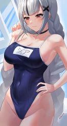 Rule 34 | 1girl, absurdres, armpits, bare shoulders, black hair, blush, braid, breasts, choker, cleavage, closed mouth, collarbone, covered navel, cowboy shot, dobure18, grey hair, hair ornament, hand on own hip, hand up, highleg, highleg swimsuit, highres, large breasts, long hair, looking at breasts, multicolored hair, nijisanji, nijisanji id, one-piece swimsuit, red eyes, school swimsuit, sidelocks, solo, strap pull, streaked hair, swimsuit, thick eyelashes, twin braids, undersized clothes, very long hair, virtual youtuber, wet, x hair ornament, xia ekavira
