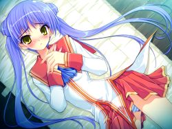 Rule 34 | 1girl, amane sou, ascot, blue ascot, blush, double bun, dress shirt, from above, game cg, hair bun, hime x hime, long hair, long sleeves, looking at viewer, lying, miniskirt, official art, on back, panties, parted lips, pleated skirt, purple hair, red sailor collar, red skirt, sailor collar, shirt, skirt, solo, striped clothes, striped panties, takamura honami, twintails, underwear, very long hair, white shirt, yellow eyes
