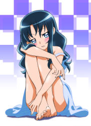 Rule 34 | 1girl, bare legs, bare shoulders, barefoot, blue eyes, blue hair, blush, checkered background, commentary request, dress, eyes visible through hair, feet, hair between eyes, heartcatch precure!, highres, knees up, kurumi erika, legs, long hair, looking away, miyabi mt-b, partial commentary, precure, shiny skin, sitting, sleeveless, sleeveless dress, solo, strap slip, sundress, toes