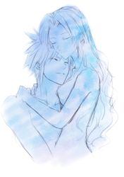 Rule 34 | 1boy, 1girl, aerith gainsborough, arms around neck, breasts, closed eyes, cloud strife, couple, final fantasy, final fantasy vii, final fantasy vii remake, hair down, hetero, highres, izumi xx uo, long hair, medium breasts, parted bangs, parted lips, short hair, smile, spiked hair, square enix, upper body, white background
