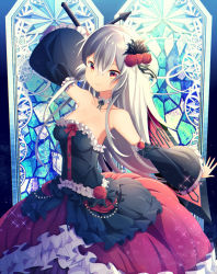 Rule 34 | 1girl, arm up, bare shoulders, beads, black dress, black ribbon, blue background, breasts, cleavage, collar, collarbone, cross, detached sleeves, dress, eyebrows, flower, frilled collar, frilled dress, frilled sleeves, frills, hair between eyes, hair flower, hair ornament, hair ribbon, highres, holding, holding sword, holding weapon, layered dress, light particles, long hair, looking at viewer, medium breasts, nail polish, natsume3304, original, red dress, red eyes, red flower, red nails, red ribbon, red rose, ribbon, rose, silver hair, smile, solo, stained glass, sword, weapon, window