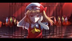Rule 34 | 1girl, arms up, ascot, blonde hair, blurry, blurry background, bow, cage, checkered floor, cross, crystal, depth of field, flandre scarlet, frilled shirt collar, frills, hair between eyes, hair bow, half-closed eyes, hand on own cheek, hand on own face, hands up, hat, indoors, latin cross, lens flare, letterboxed, light rays, long hair, looking at viewer, mob cap, one side up, parted lips, puffy short sleeves, puffy sleeves, red bow, red eyes, red vest, shirufido, short sleeves, solo, teeth, touhou, upper body, vest, white hat, wings, yellow ascot