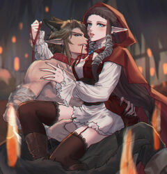 Rule 34 | 1boy, 1girl, alternate costume, animal collar, animal ears, arm around neck, bandaged arm, bandages, between legs, big bad wolf, big bad wolf (cosplay), black pants, black thighhighs, blonde hair, blood, blood from mouth, blue eyes, blush, braid, breasts, brown hair, candle, cape, claws, clenched teeth, collar, cosplay, couple, crown braid, dress, earrings, fingernails, frilled sleeves, frills, garter straps, grey ribbon, hair ribbon, halloween, hand between legs, hand on another&#039;s hip, hand on own chest, hetero, highres, holding, holding leash, hood, hood up, hooded cape, jewelry, kurokawa karasu, leash, link, little red riding hood (grimm), little red riding hood (grimm) (cosplay), long fingernails, long sleeves, medium breasts, nintendo, pants, parted lips, pointy ears, princess zelda, puffy long sleeves, puffy sleeves, red collar, red hood, red vest, ribbon, sharp fingernails, shirt, short hair, sidelocks, tail, teeth, the legend of zelda, the legend of zelda: twilight princess, thighhighs, topless male, vest, white dress, white shirt, wolf boy, wolf ears, wolf tail