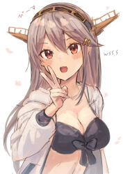 Rule 34 | 1girl, artist name, bikini, black bikini, black hair, blush, breasts, brown eyes, cleavage, hair ornament, hairband, hairclip, haruna (kancolle), headgear, jacket, kantai collection, large breasts, long hair, long sleeves, looking at viewer, official alternate costume, open clothes, open jacket, open mouth, signature, simple background, solo, swimsuit, upper body, v, white background, white jacket, wss (nicoseiga19993411)