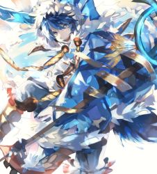 Rule 34 | 10s, 1boy, :d, blue eyes, blue hair, fur trim, hood, last period, looking at viewer, male focus, open mouth, smile, solo, staff, standing, tsugutoku