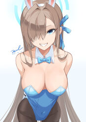Rule 34 | 1girl, artist name, asuna (blue archive), blonde hair, blue archive, blue bow, blue bowtie, blue eyes, bow, bowtie, breasts, cleavage, dated, detached collar, hair over one eye, halo, highres, large breasts, leotard, long hair, looking at viewer, playboy bunny, rabbit ears, signature, smile, solo, twitter username, unel, white background