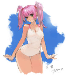 Rule 34 | 1girl, green eyes, hip focus, kamdia, korean text, one-piece swimsuit, original, pink hair, solo, swimsuit, thigh gap, translated, twintails, wide hips, wrists extended
